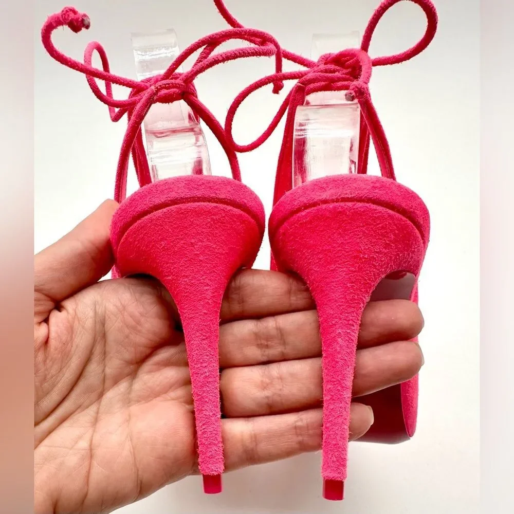 Christian Louboutin Lace Up Kate 85 Pink Suede Stiletto Pumps Heels EU 37 US 7